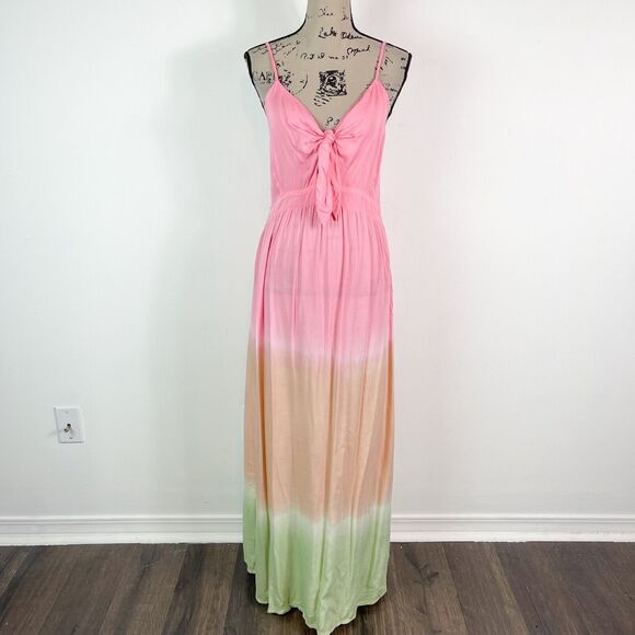 Bohome NWT Front Tie Swim Coverup Maxi Dress Pink Peach Lime Green Ombre Size M - Picture 2 of 6